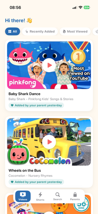 The VideoNook kid screen: a friendly feed showing only parent-approved videos