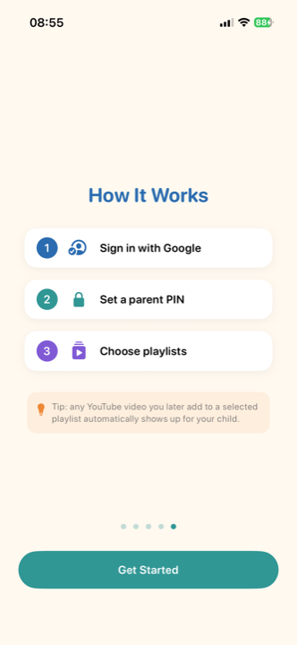 VideoNook onboarding: sign in with Google, set a parent PIN, choose playlists